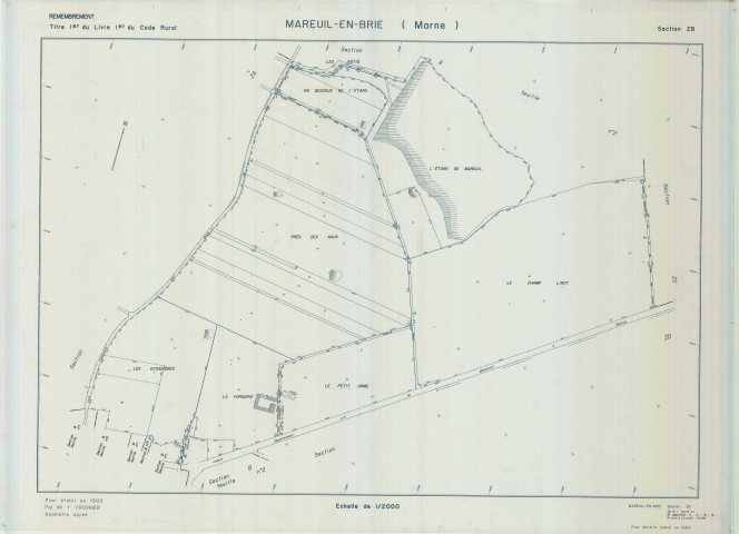 Mareuil-en-Brie (51345). Section ZB échelle 1/2000, plan remembré pour 01/01/1994, plan régulier de qualité P5 (calque)