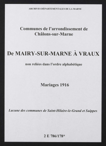 Communes de Mairy-sur-Marne à Vraux de l'arrondissement de Châlons. Mariages 1916