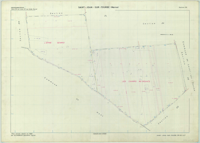 Saint-Jean-sur-Tourbe (51491). Section ZN échelle 1/2000, plan remembré pour 1968, plan régulier (papier armé)