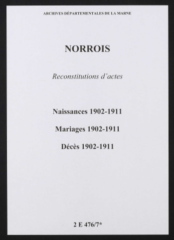 Norrois. Naissances, mariages, décès 1902-1911 (reconstitutions)