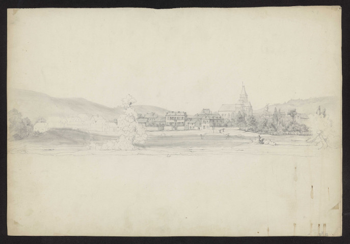 Vue d'un village avec son église et un moulin