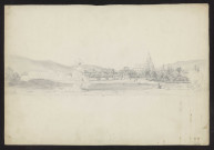 Vue d'un village avec son église et un moulin