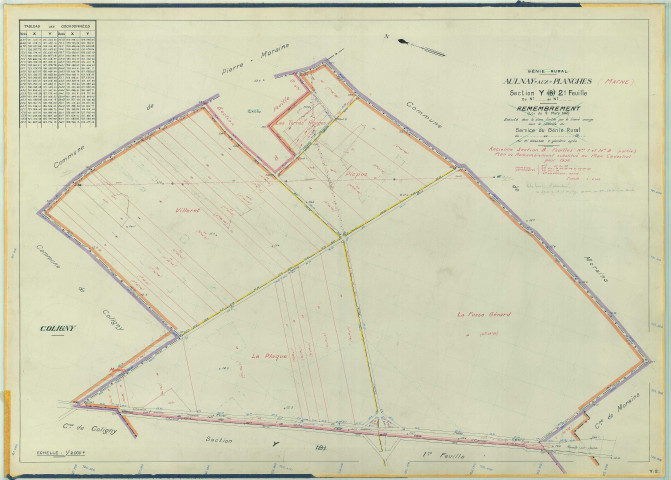 Val-des-Marais (51158). Aulnay-aux-Planches (51021). Section Y2 échelle 1/2000, plan remembré pour 1956 (anciennes sections B1 et B2 ), plan régulier (papier armé)