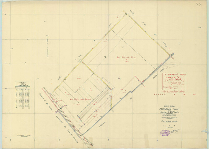 Val-de-Vesle (51571). Section Y3 1 échelle 1/2000, plan remembré pour 1952, ancienne commune de Courmelois (51189), plan régulier (papier).