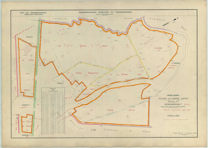 Aulnay-sur-Marne (51023). Section ZC échelle 1/2000, plan remembré pour 1961 (renouvelé pour 1961), plan régulier (papier armé)
