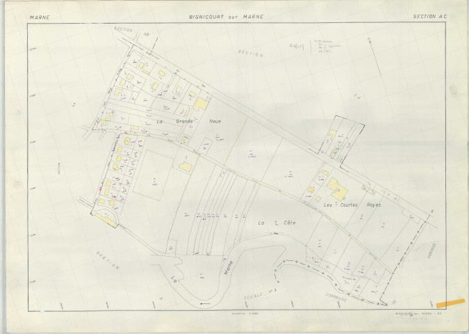 Bignicourt-sur-Marne (51059). Section AC échelle 1/1000, plan remanié pour 1970, plan régulier (papier armé)