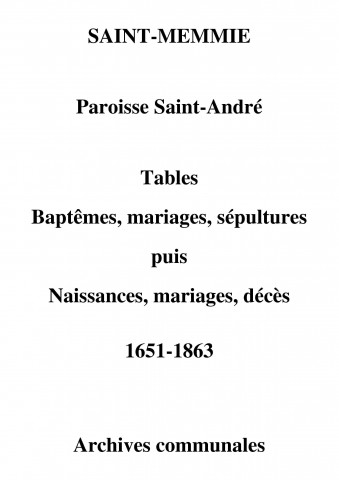 Saint-Memmie. Saint-André. Tables des baptêmes, mariages, sépultures puis naissances, mariages, décès 1651-1863