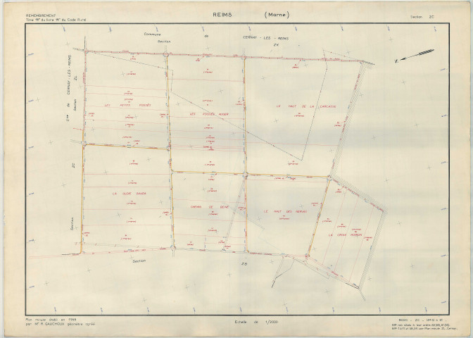 Reims (51454). Section ZC échelle 1/2000, plan remembré pour 1969, plan régulier (papier armé).