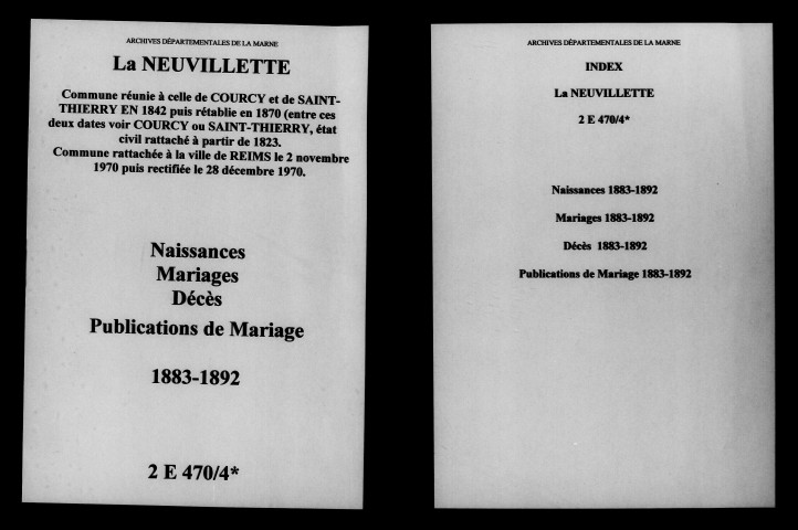 Neuvillette (La). Naissances, mariages, décès, publications de mariage 1883-1892