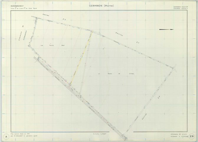 Germinon (51268). Section ZR échelle 1/2000, plan remembré pour 1975 (extension Soudron section ZA), plan régulier (papier armé)