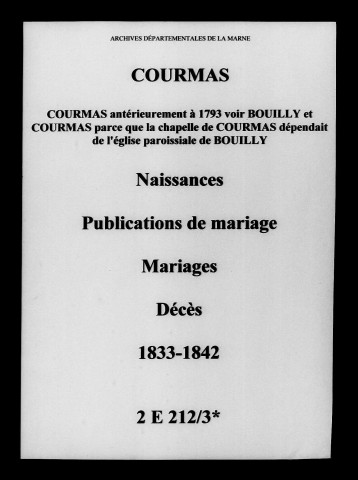 Courmas. Naissances, publications de mariage, mariages, décès 1833-1842
