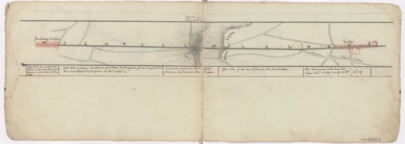Cartes itineraires grandes routes, 1786 : Route de Paris à Mézières par Fismes Reims et Rethel, du faubourg de Cérès à Vuitry.