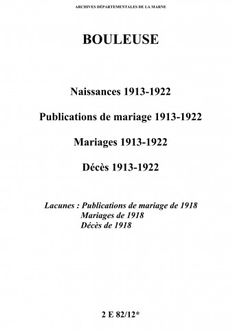 Bouleuse. Naissances, publications de mariage, mariages, décès 1913-1922